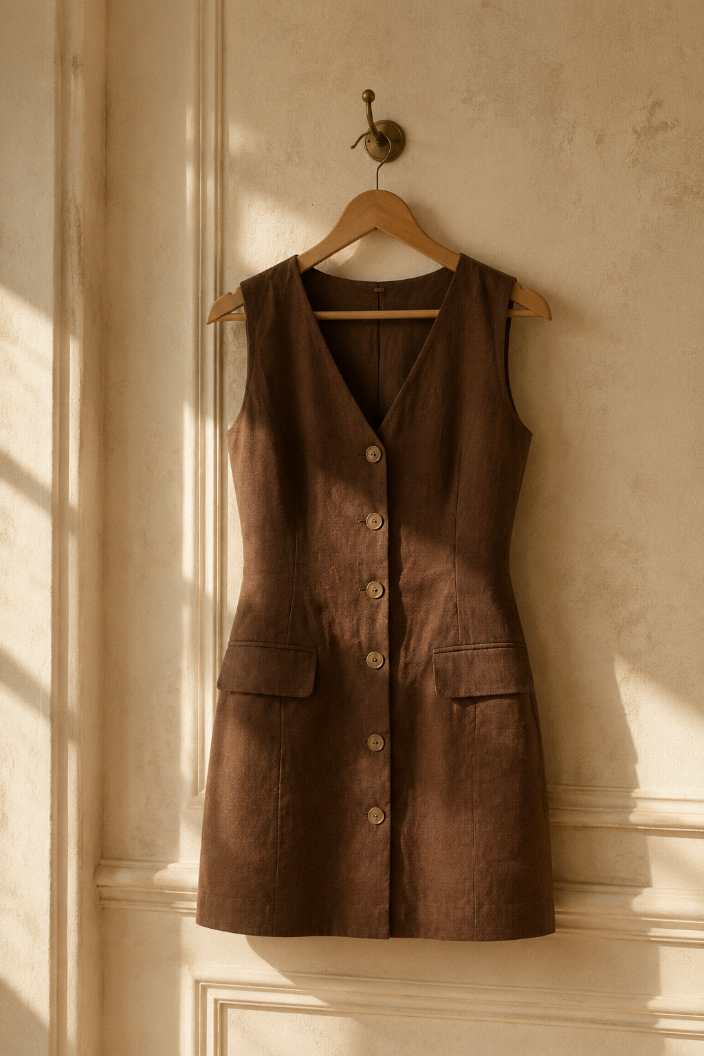 Brown linen straight mini dress, hanging on wooden hanger against plaster wall