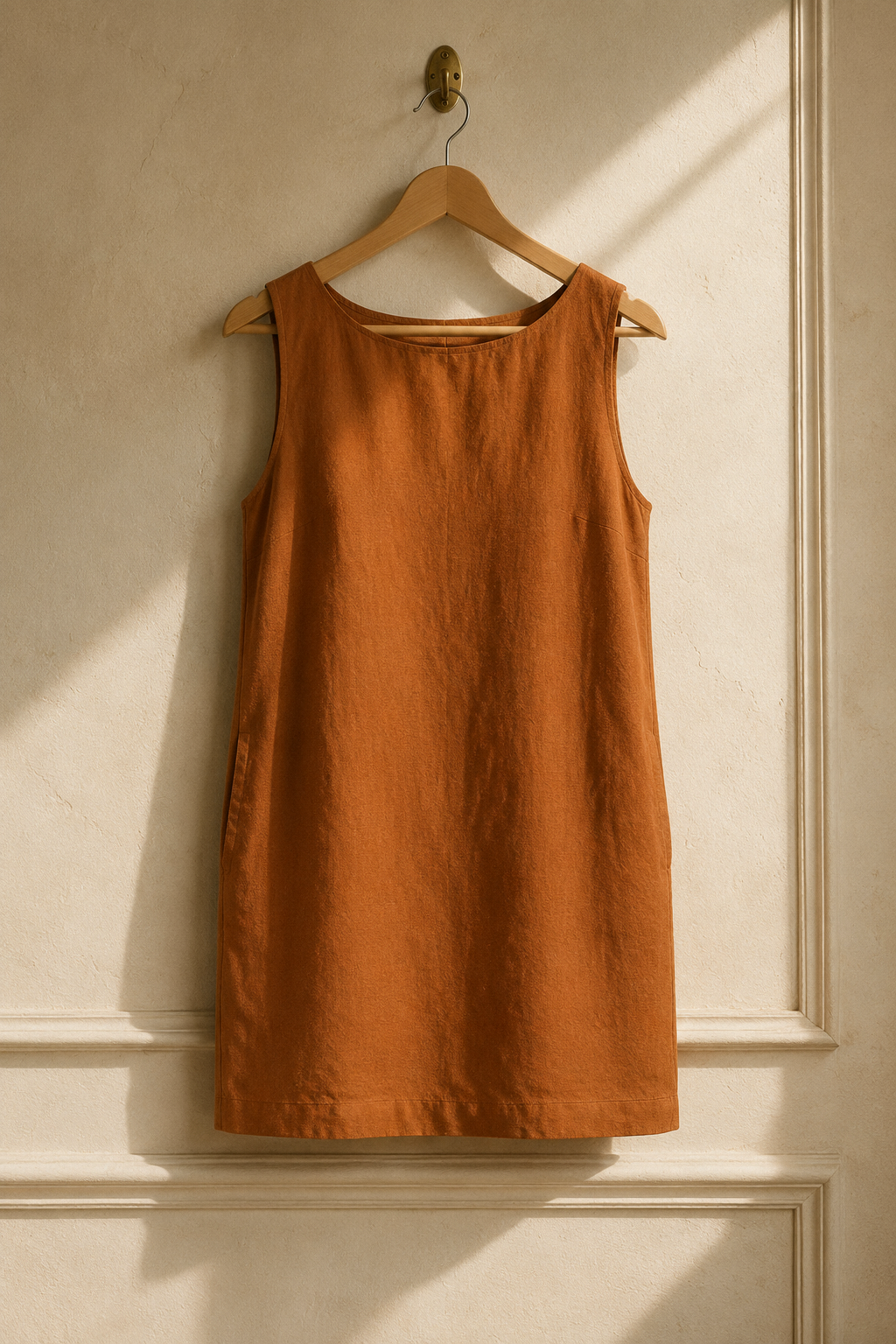 Rust linen shift mini dress, hanging on wooden hanger against plaster wall