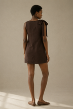 Dark brown linen shift mini dress, back view, clean back profile