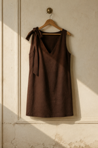 Dark brown linen shift mini dress, hanging on wooden hanger against plaster wall