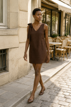 Dark brown linen shift mini dress, lifestyle, sunny afternoon stroll