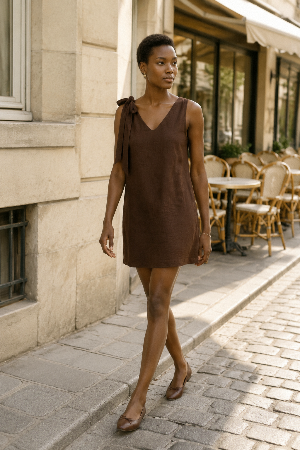 Dark brown linen shift mini dress, lifestyle, sunny afternoon stroll
