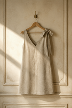 Beige linen shift mini dress, hanging on wooden hanger against plaster wall