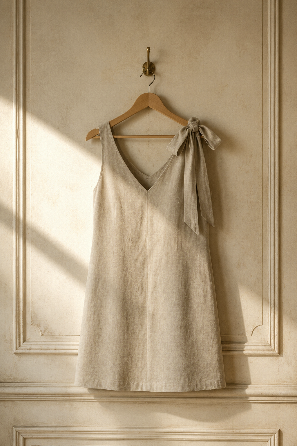 Beige linen shift mini dress, hanging on wooden hanger against plaster wall