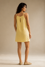 Butter yellow linen shift mini dress, back view, simple back, clean lines