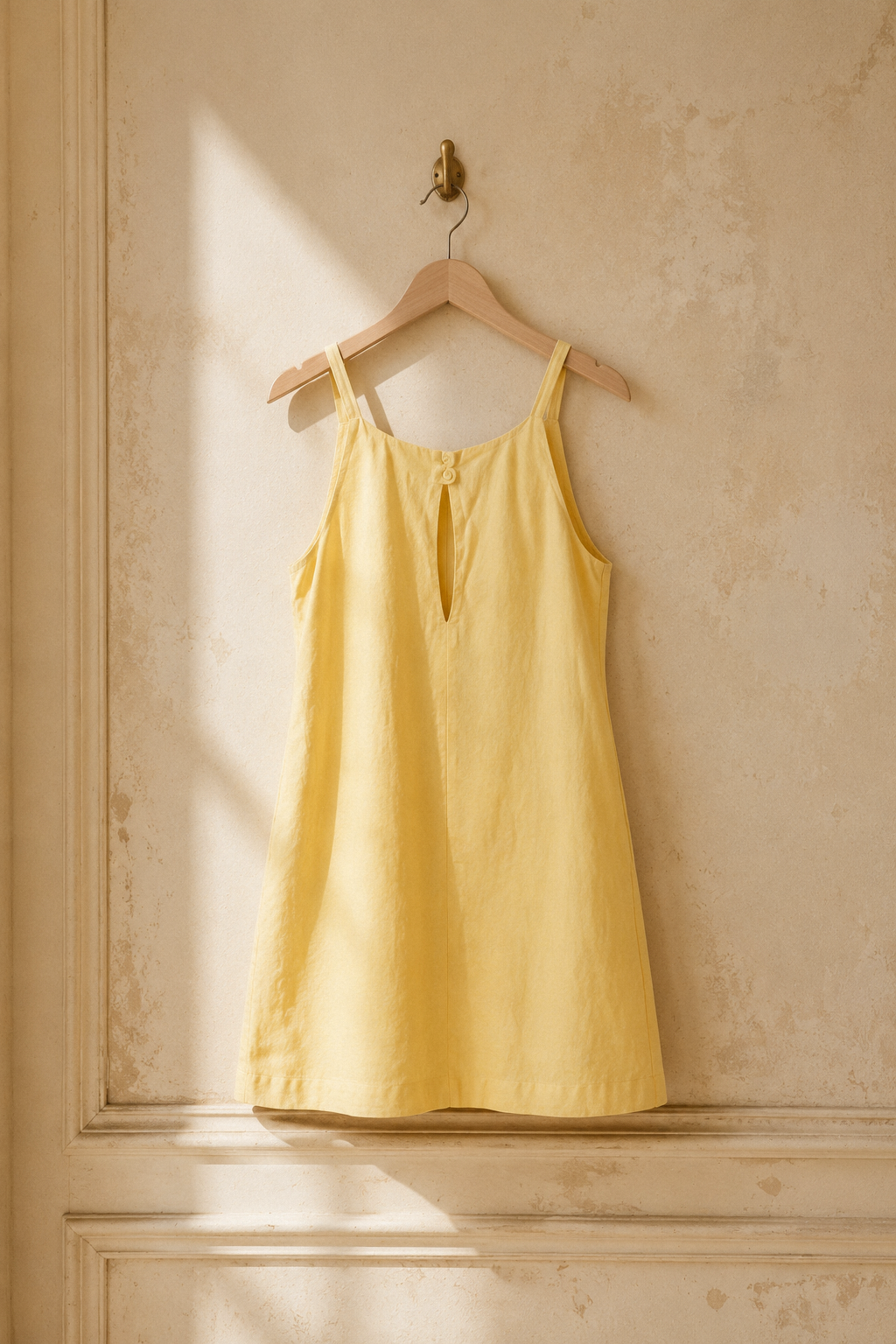 Butter yellow linen shift mini dress, hanging on wooden hanger against plaster wall