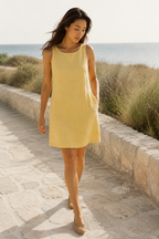 Butter yellow linen shift mini dress, front view, round neckline, sleeveless cut