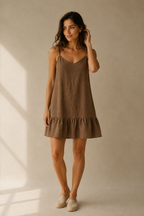 Brown linen slip mini dress, full front view, simple neckline and flowing silhouette