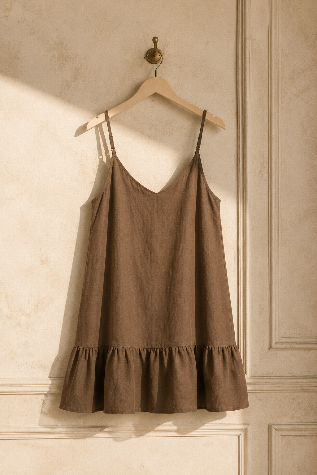Brown linen slip mini dress, hanging on wooden hanger against plaster wall