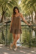 Brown linen slip mini dress, front view, straight neckline and relaxed drape