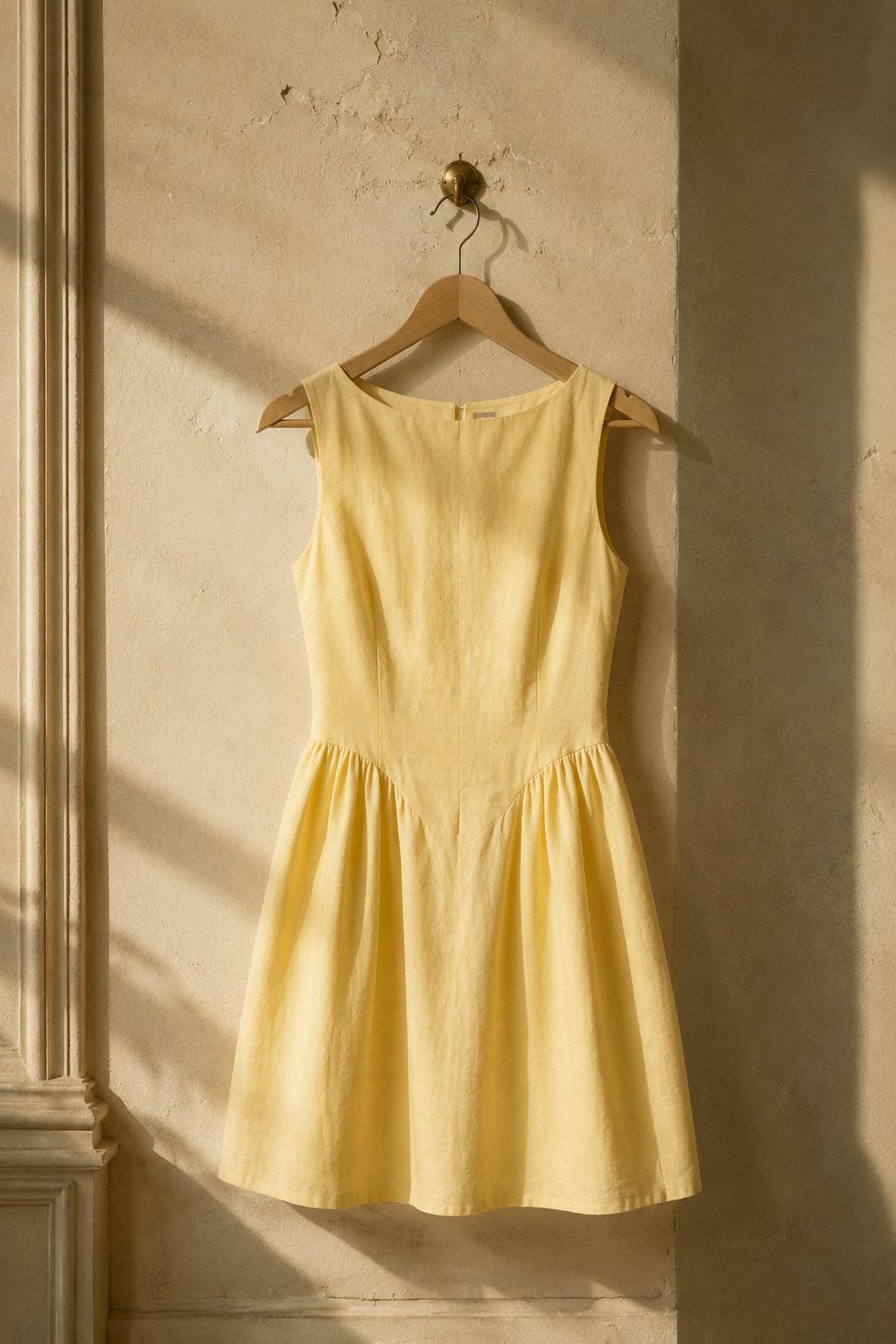 Butter yellow linen a-line mini dress, hanging on wooden hanger against plaster wall