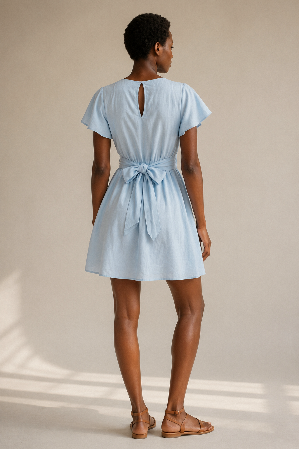 Light blue linen a-line mini dress, back view, gently fitted back and flared skirt