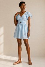 Light blue linen a-line mini dress, full front view, light blue A-line mini dress