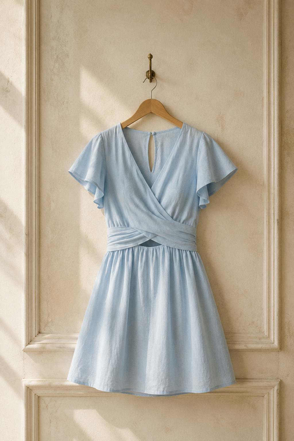 Light blue linen a-line mini dress, hanging on wooden hanger against plaster wall