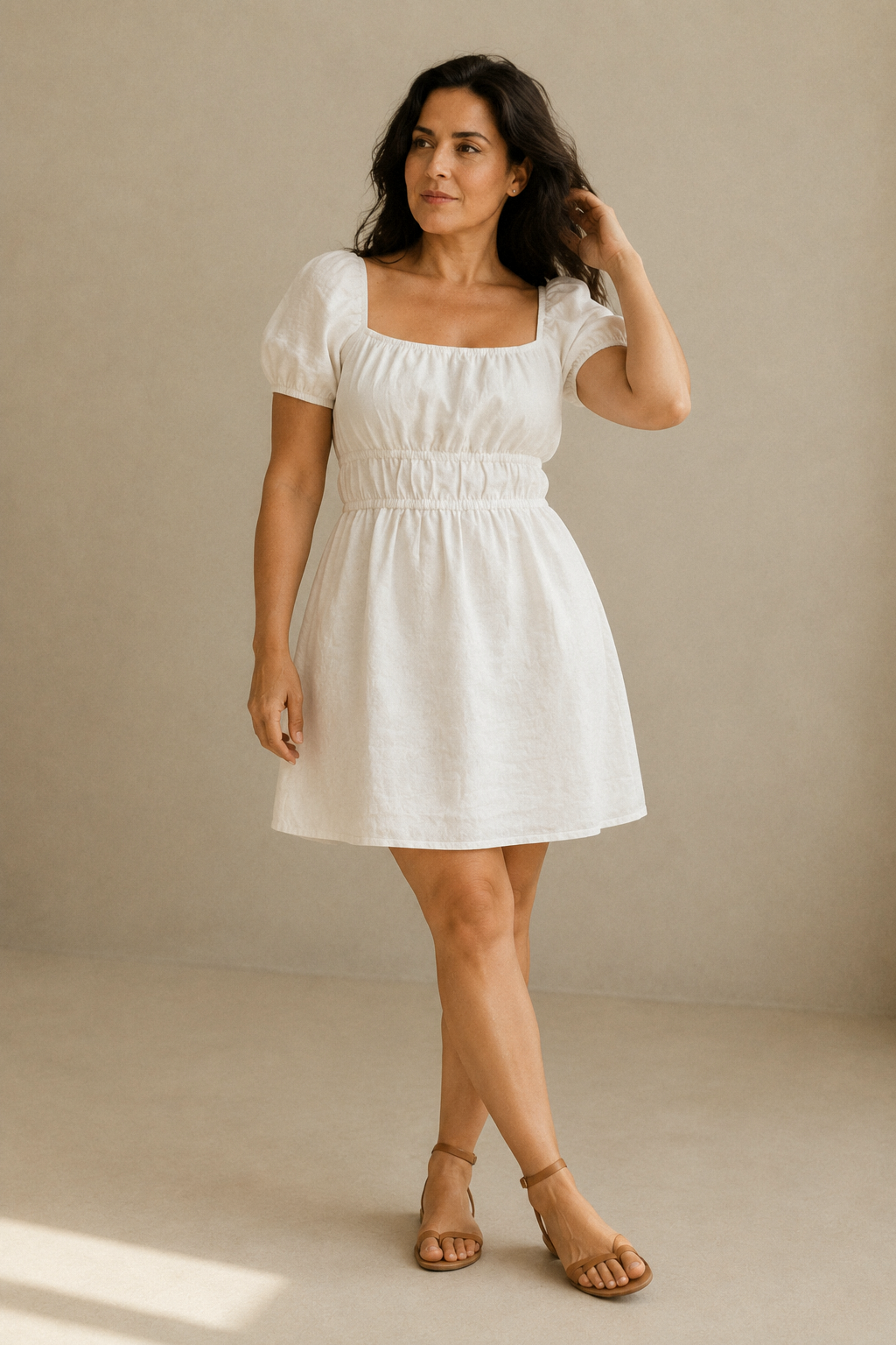 Ivory linen a-line mini dress, full front view, shirred bodice and A-line skirt