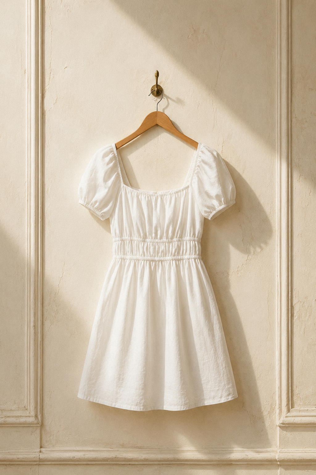 Ivory linen a-line mini dress, hanging on wooden hanger against plaster wall