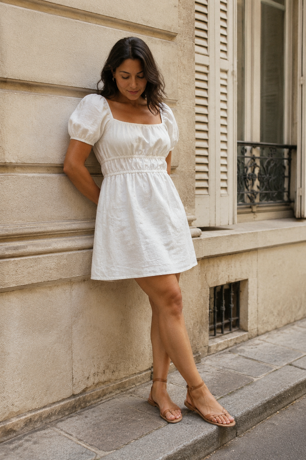 Ivory linen a-line mini dress, front view, square neckline and puff sleeves
