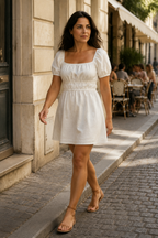 Ivory linen a-line mini dress, lifestyle, quiet moment by a sunlit window
