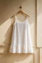 White linen shift mini dress, hanging on wooden hanger against plaster wall