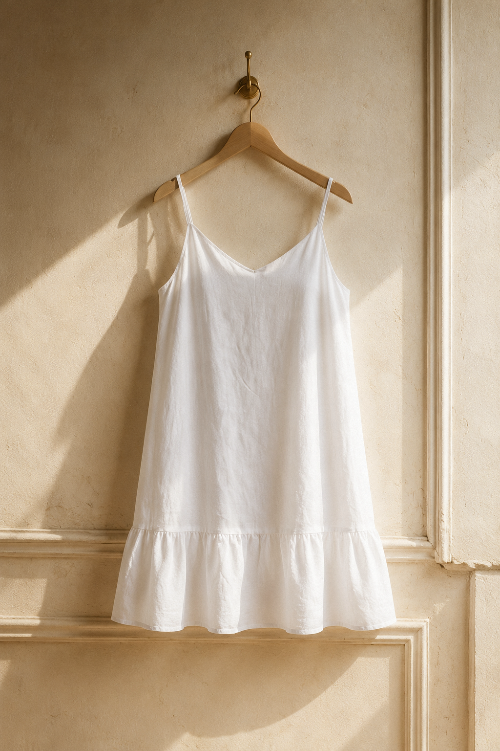 White linen shift mini dress, hanging on wooden hanger against plaster wall