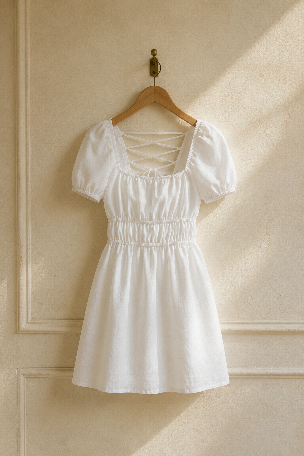 White linen a-line mini dress, hanging on wooden hanger against plaster wall