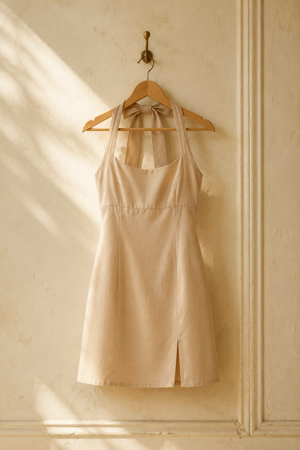 Beige cotton a-line mini dress, hanging on wooden hanger against plaster wall
