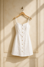 White linen a-line mini dress, hanging on wooden hanger against plaster wall