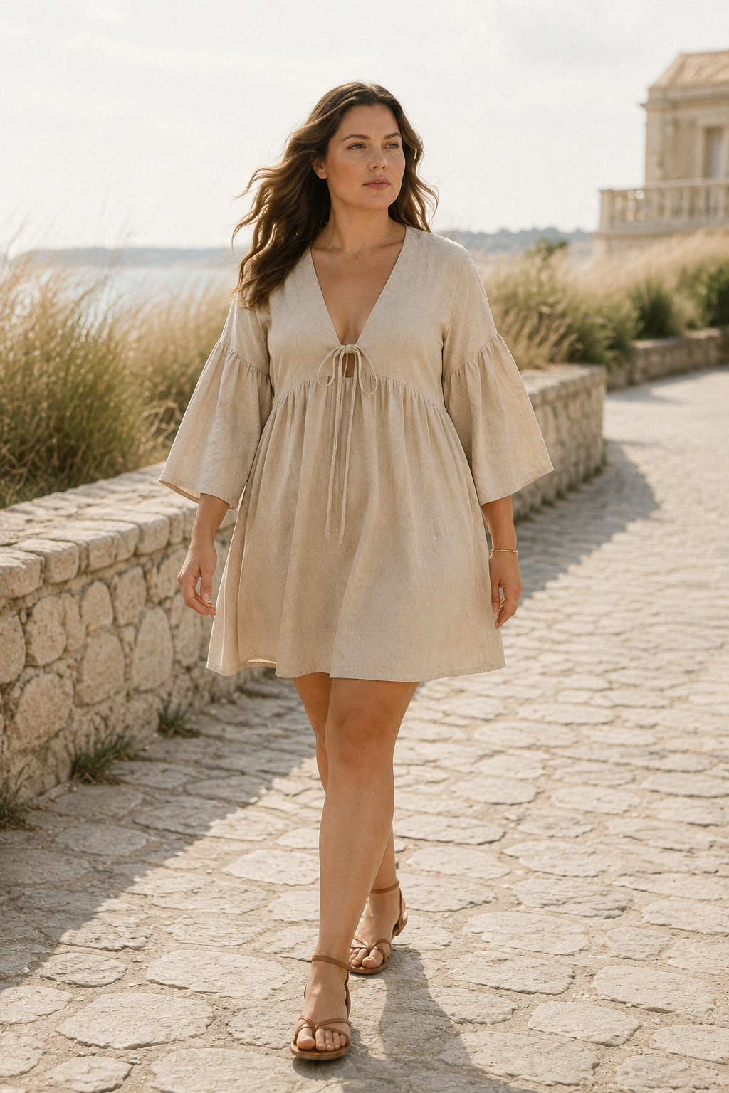 Beige linen a-line mini dress, lifestyle, quiet morning light at home