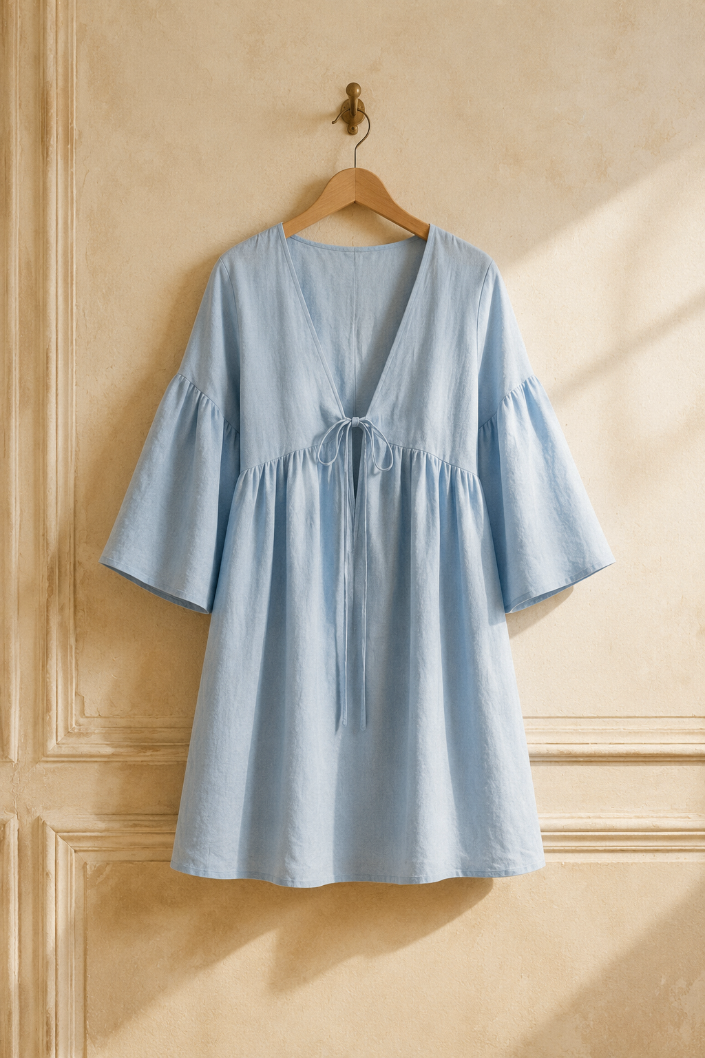 Light blue linen shift mini dress, hanging on wooden hanger against plaster wall