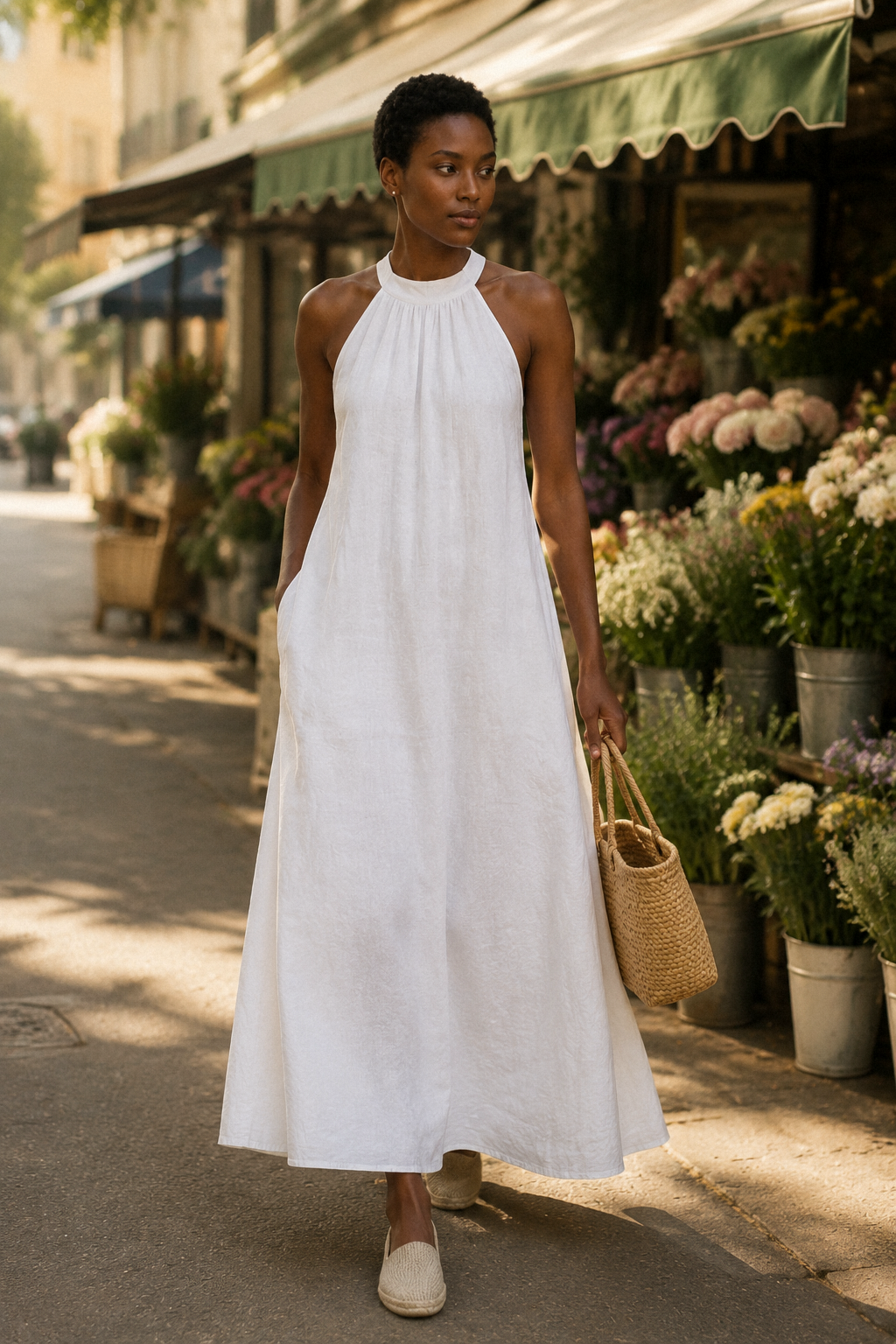 White linen shift mini dress, lifestyle, sun-drenched garden on a warm afternoon