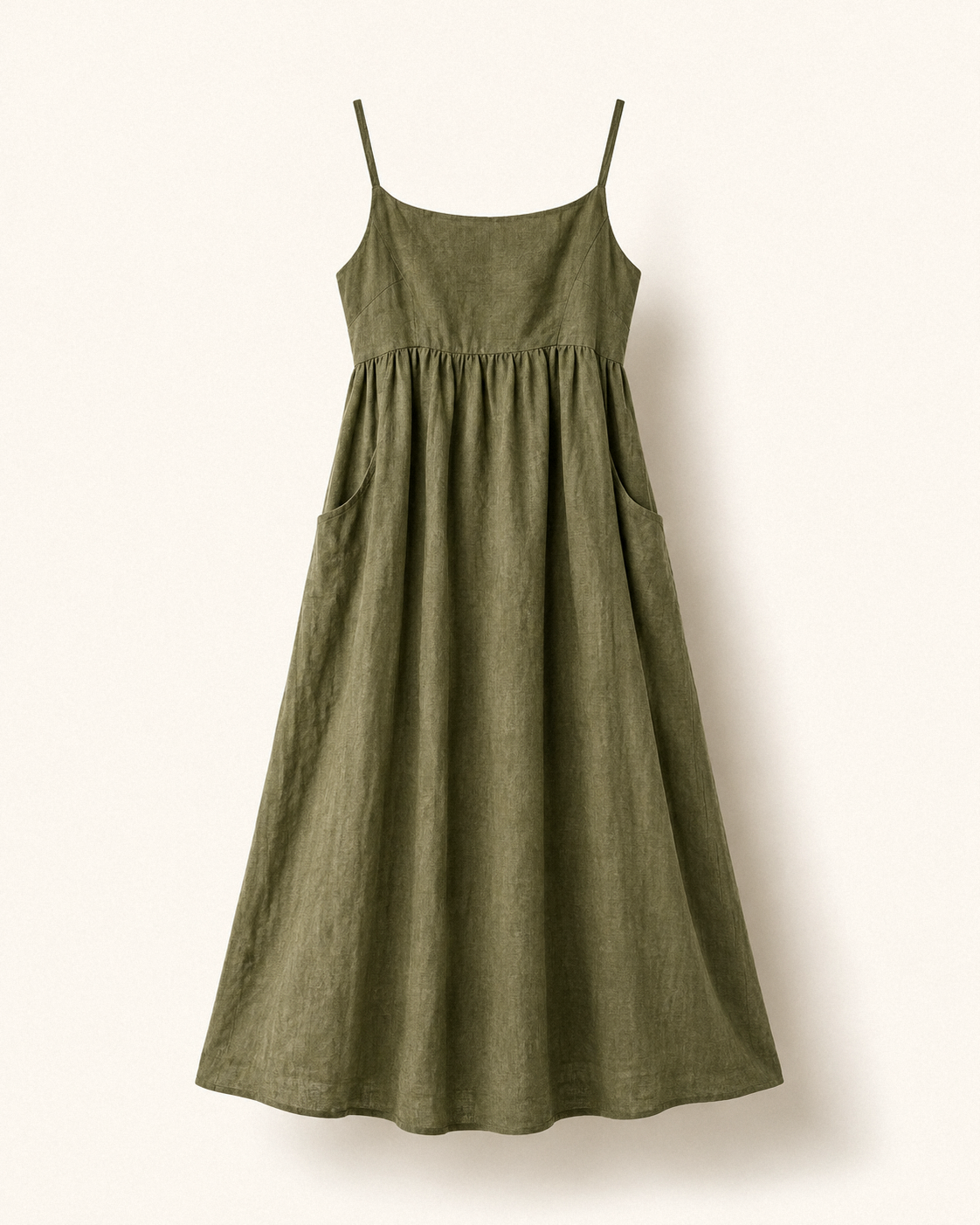 Olive green linen empire maxi dress, flat packshot on warm ivory ground