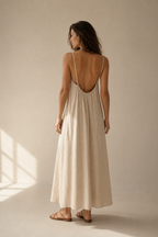 Cream linen slip maxi dress, back view, low open back