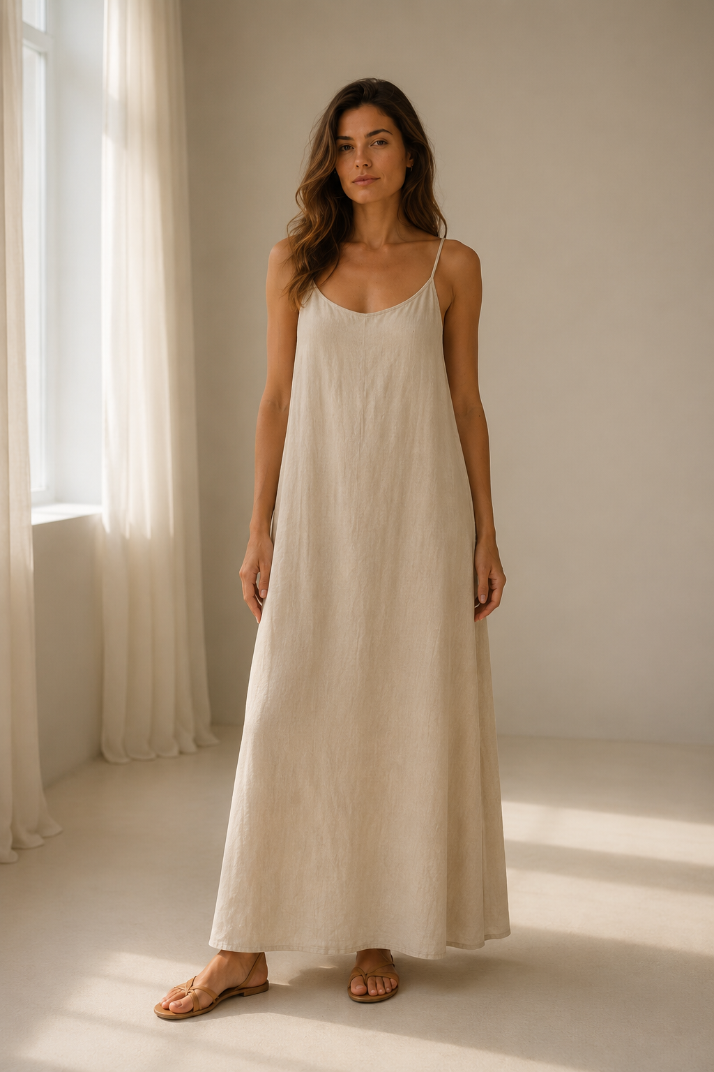 Cream linen slip maxi dress, full front view, straight fall to the ankle