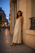 Cream linen slip maxi dress, front view, scoop neckline and spaghetti straps