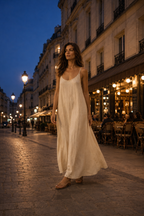 Cream linen slip maxi dress, lifestyle, evening street at dusk