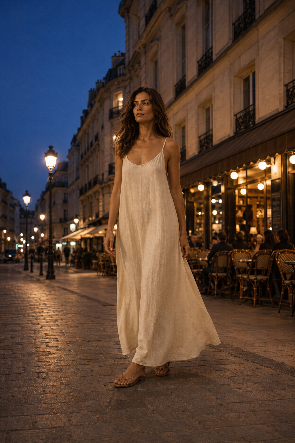 Cream linen slip maxi dress, lifestyle, evening street at dusk