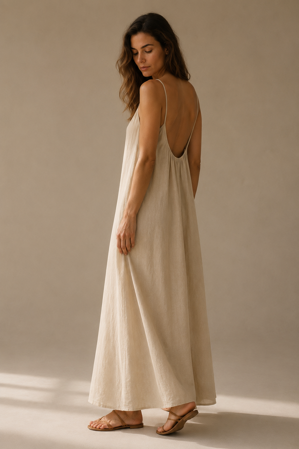 Cream linen slip maxi dress, three-quarter view, open back edge and drape