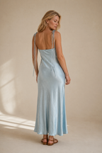 Powder blue silk bias maxi dress, back view, fine straps and skimming line