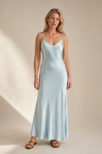 Powder blue silk bias maxi dress, full front view, bias fall to the ankle
