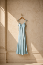 Powder blue silk bias maxi dress, hanging on wooden hanger against plaster wall