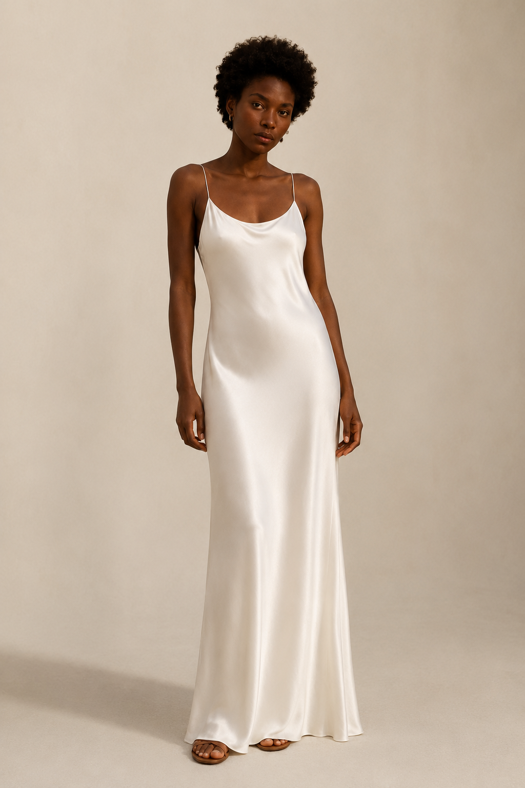 White silk slip maxi dress, full front view, floor-length bias column