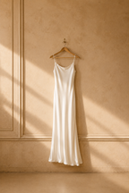 White silk slip maxi dress, hanging on wooden hanger against plaster wall