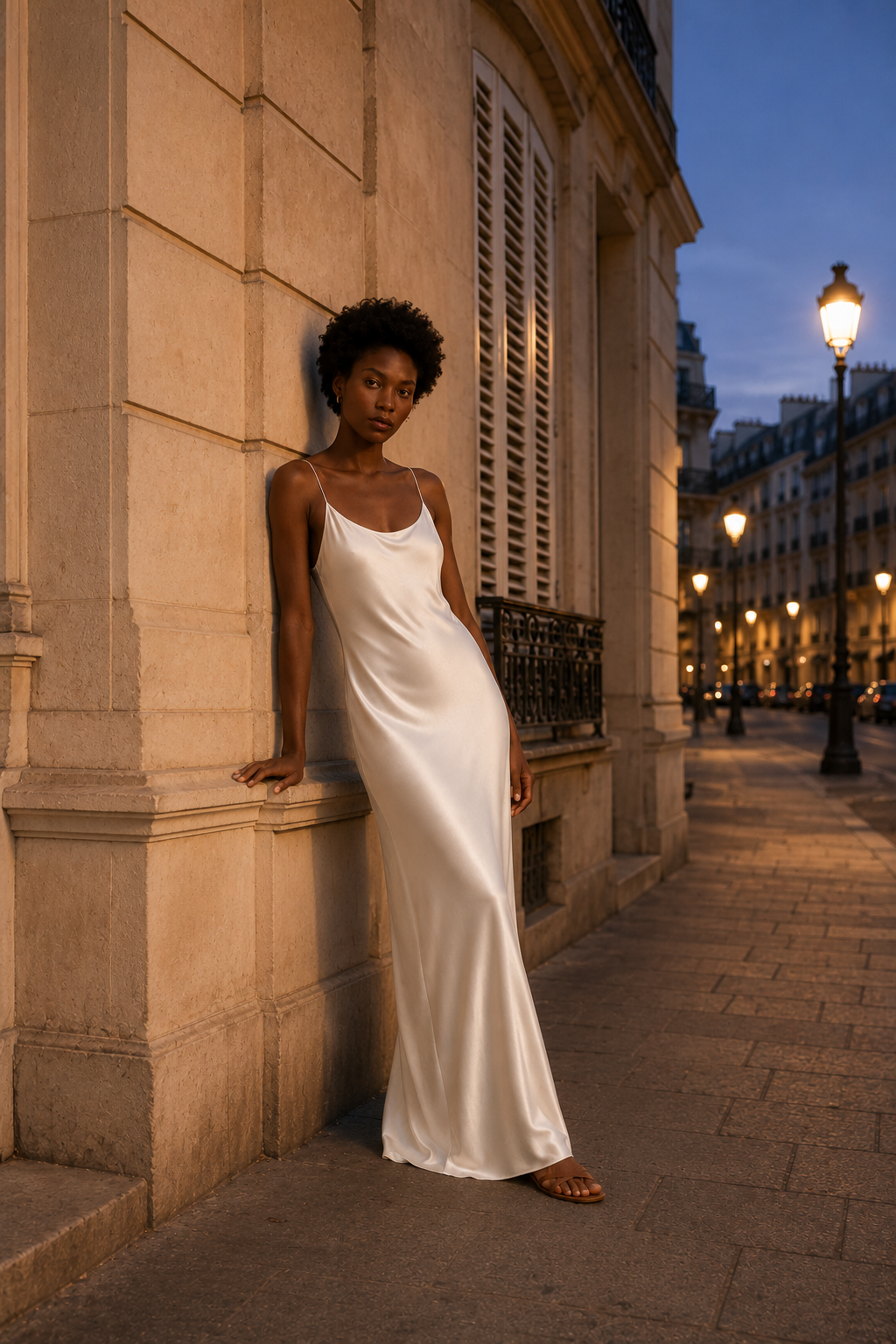 White silk slip maxi dress, front view, scoop neckline and spaghetti straps