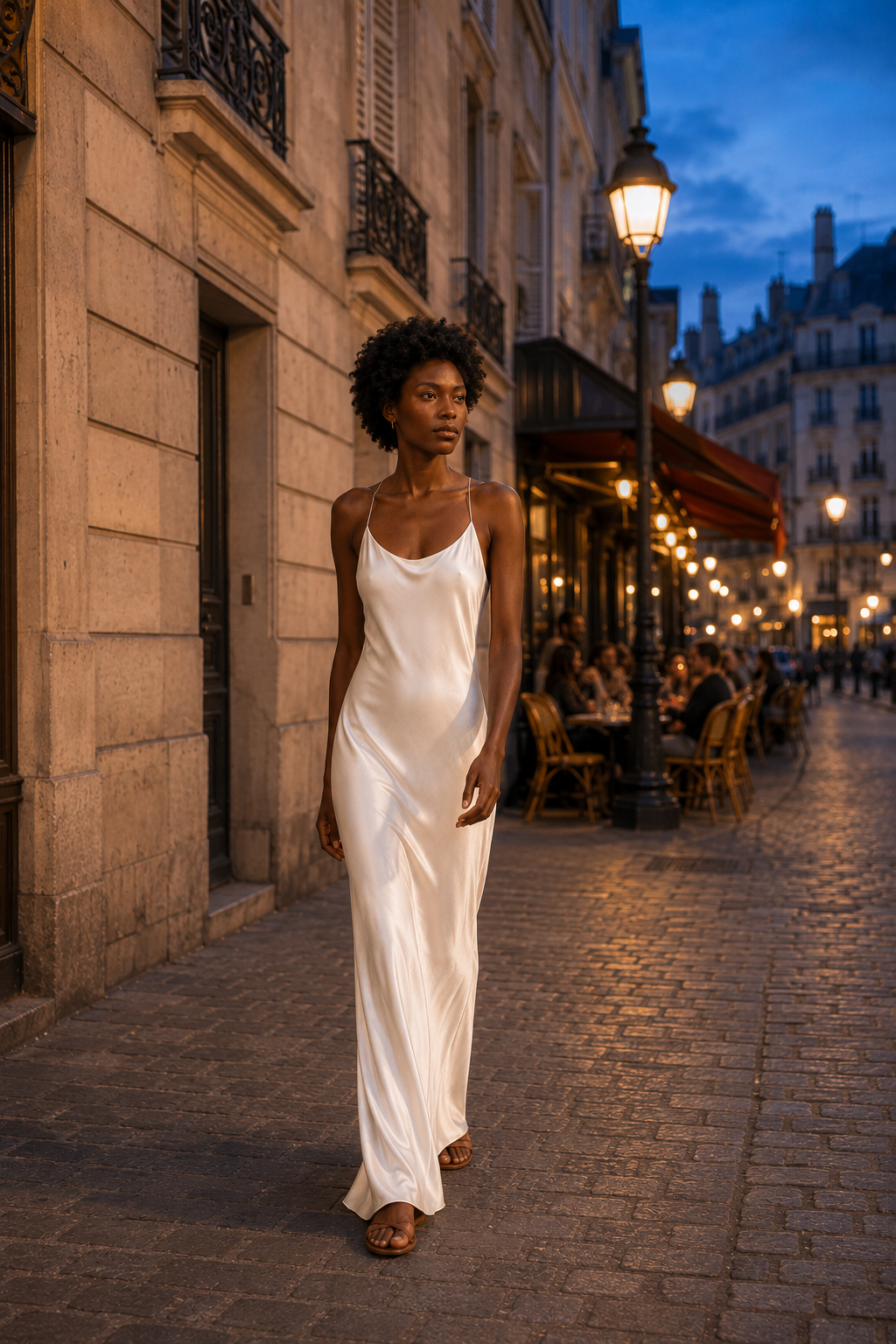 White silk slip maxi dress, lifestyle, city evening under streetlight