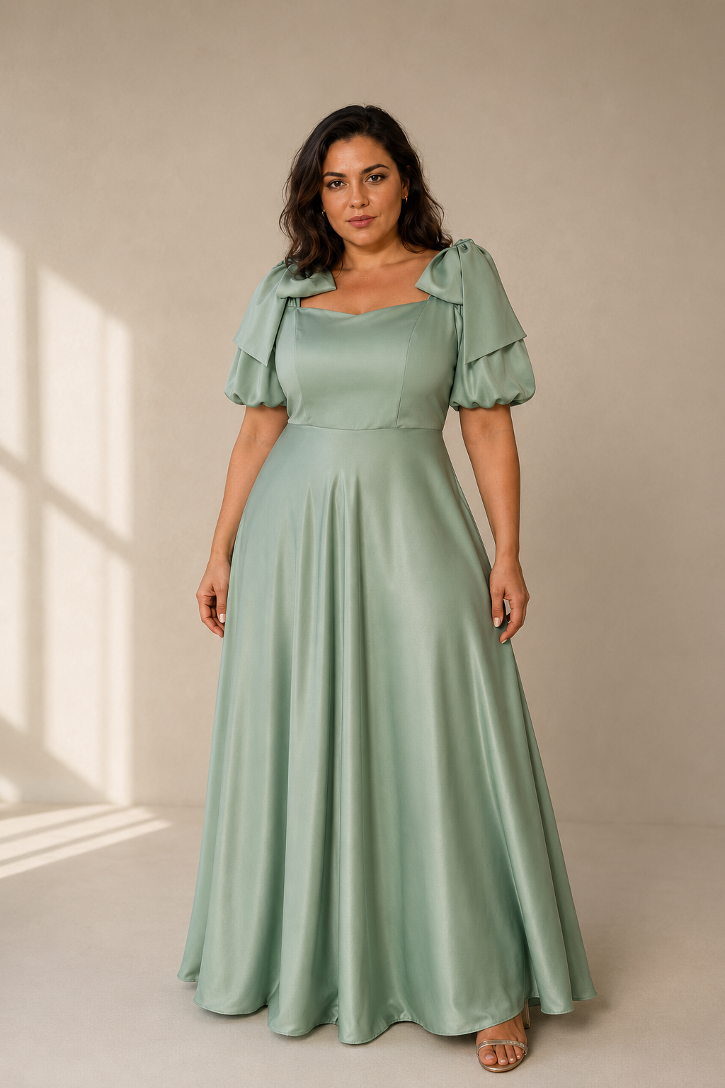Mint green silk a-line maxi dress, full front view, fitted bodice and flowing A-line skirt