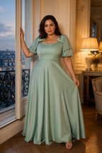 Mint green silk a-line maxi dress, front view, square neckline and puff sleeves