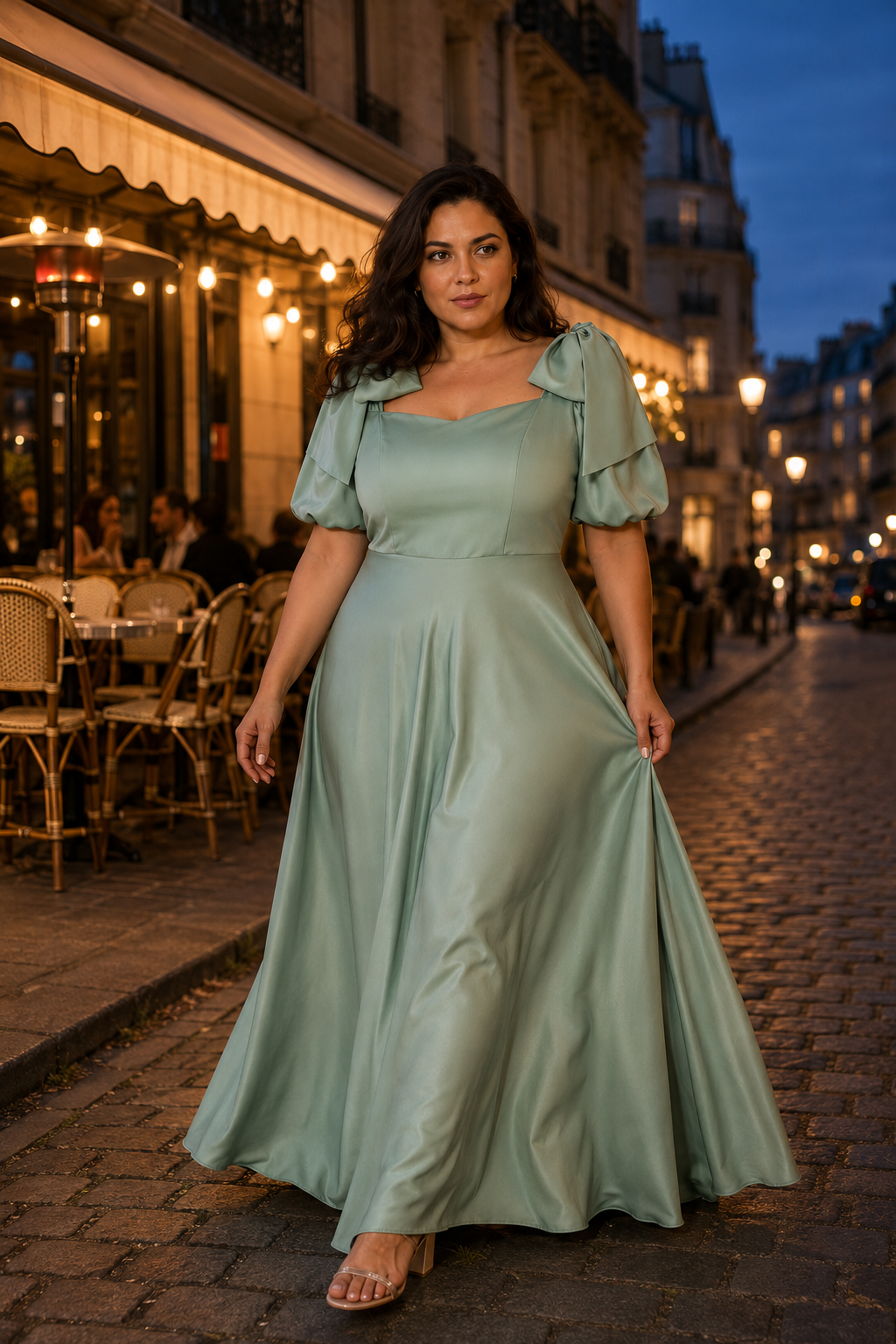 Mint green silk a-line maxi dress, lifestyle, evening gathering in soft light
