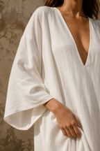 White linen shift maxi dress, fabric detail, flax weave in raking light