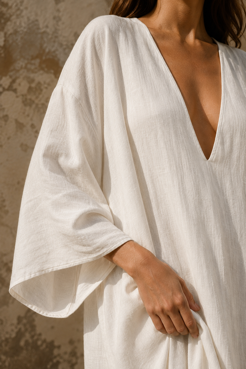 White linen shift maxi dress, fabric detail, flax weave in raking light