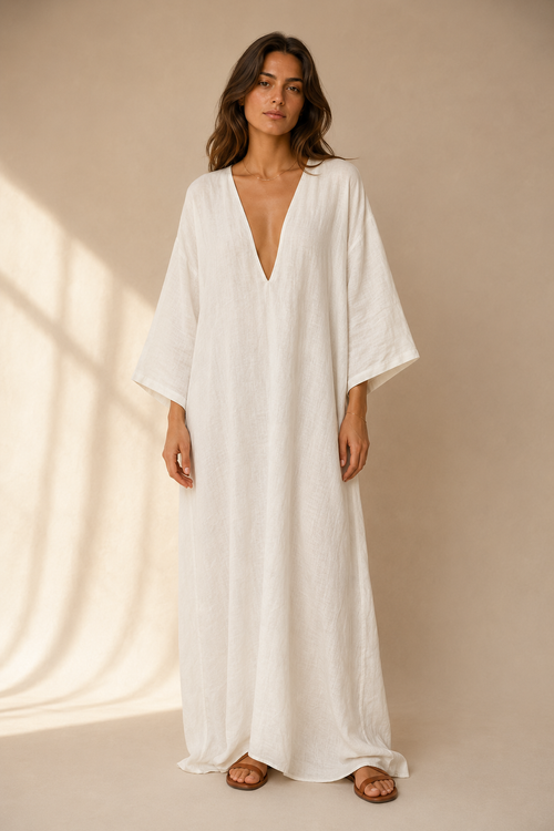 White linen shift maxi dress, full front view, flowing maxi dress in white linen